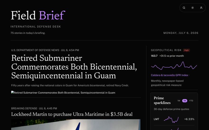 Field Brief front page: dark editorial layout with story clusters and a geopolitical risk index