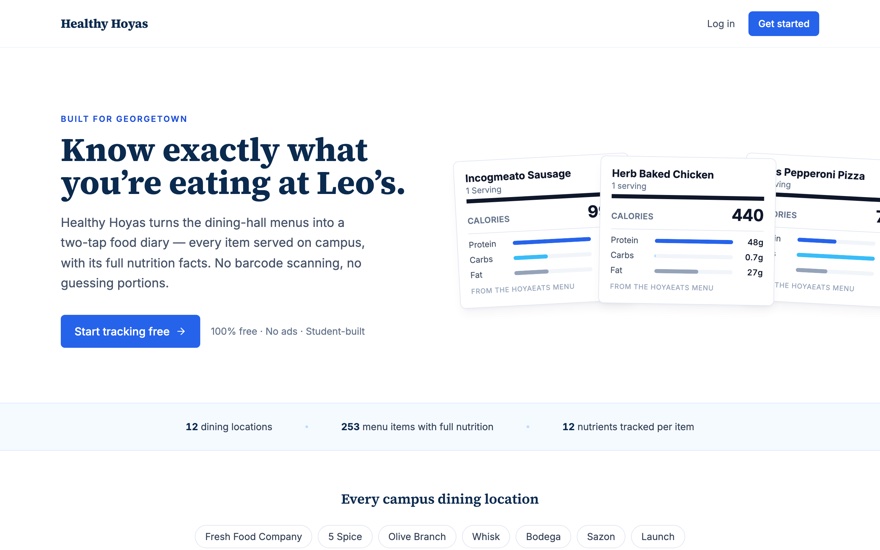 HealthyHoyas landing page: nutrition tracking built for Georgetown dining halls