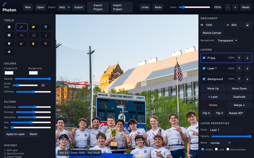 Photon editor with a photo open: layers panel, filters, and drawing tools