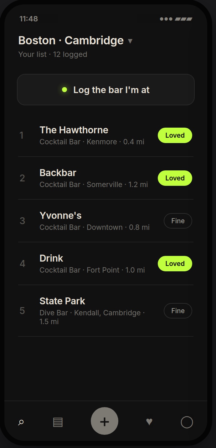 Rounds app: personal ranking of Boston cocktail bars with loved/fine ratings